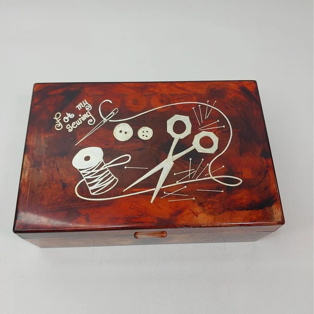 Vintage Lucite Tortoise Shell Sewing Box Filled With Various Threads Etc